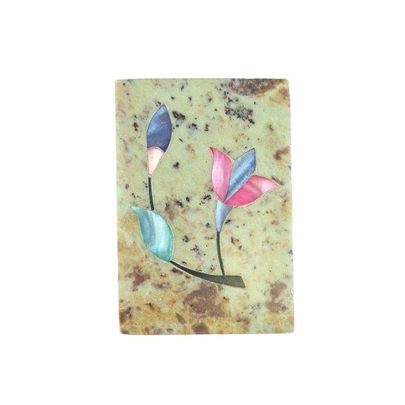 Paperweight Floral Stone Inlay Iridescent Decor Soapstone Mother Pearl Vintage - Picture 2 of 4